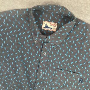 Huk Fishing Shirt Mens Medium Gray Blue Lure Print Short Sleeve Button Down AOP